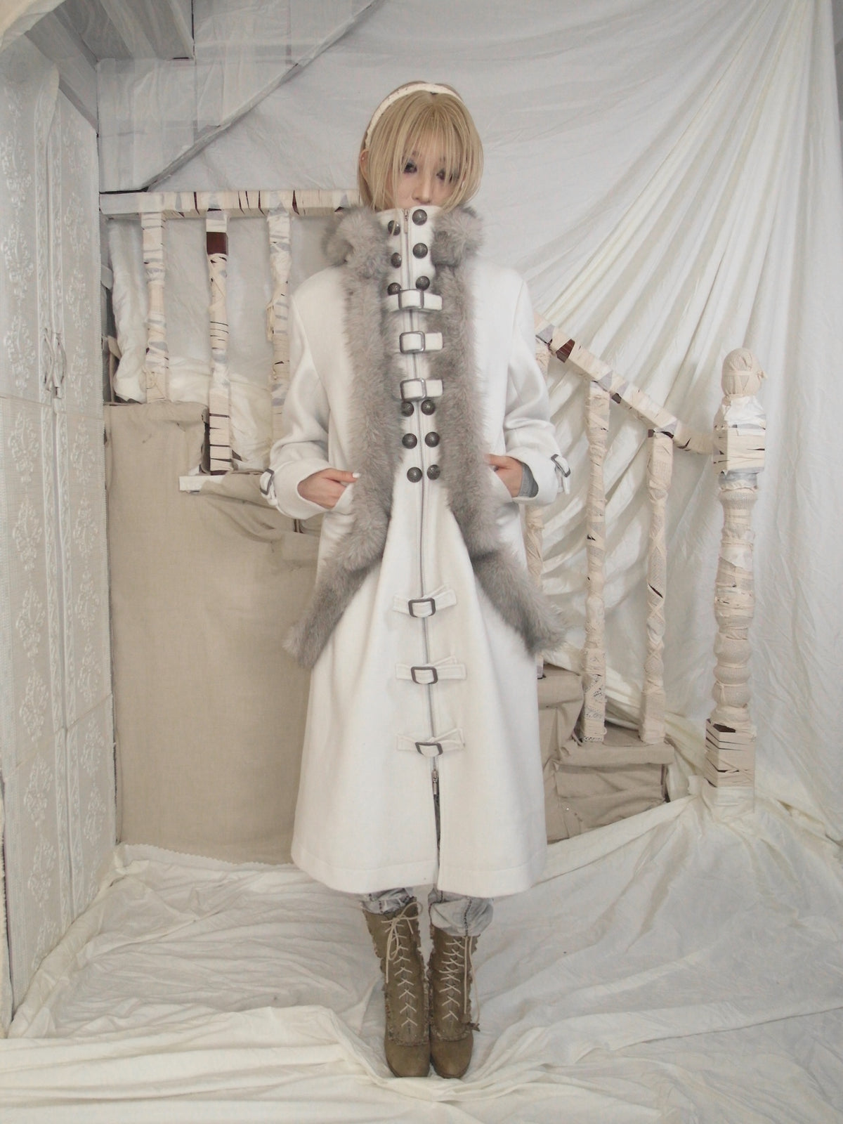 Snow‑Hued Fur‑Trimmed Coat