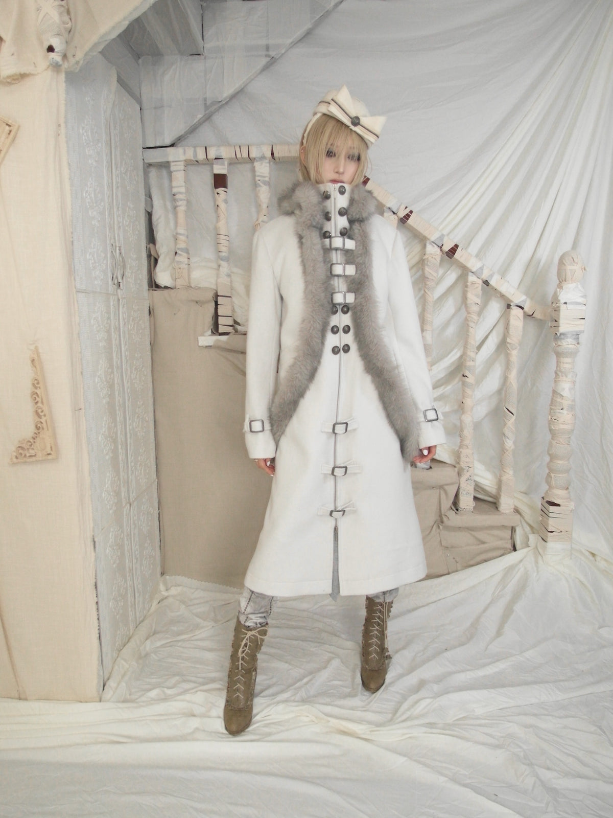 Snow‑Hued Fur‑Trimmed Coat