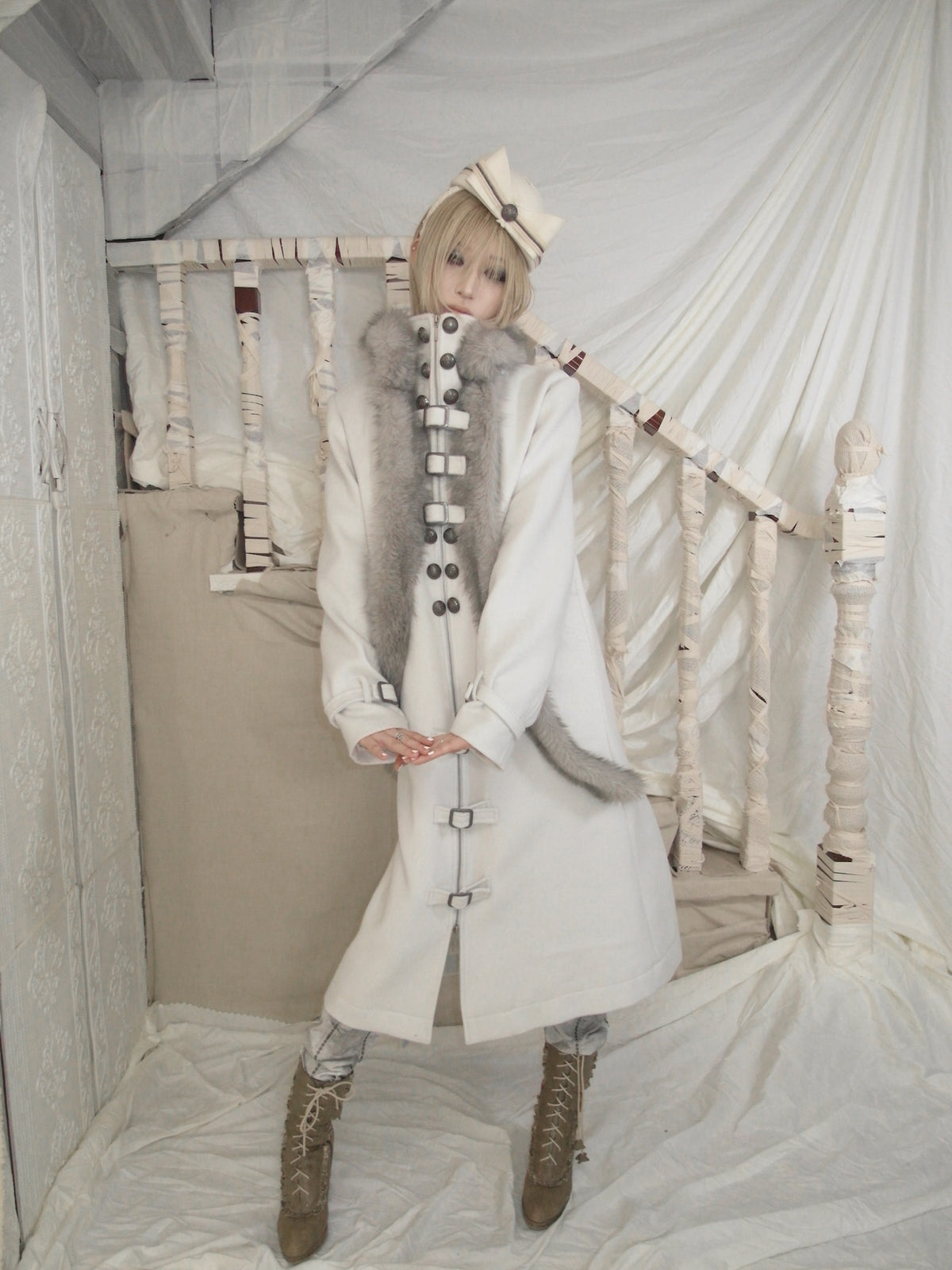 Snow‑Hued Fur‑Trimmed Coat