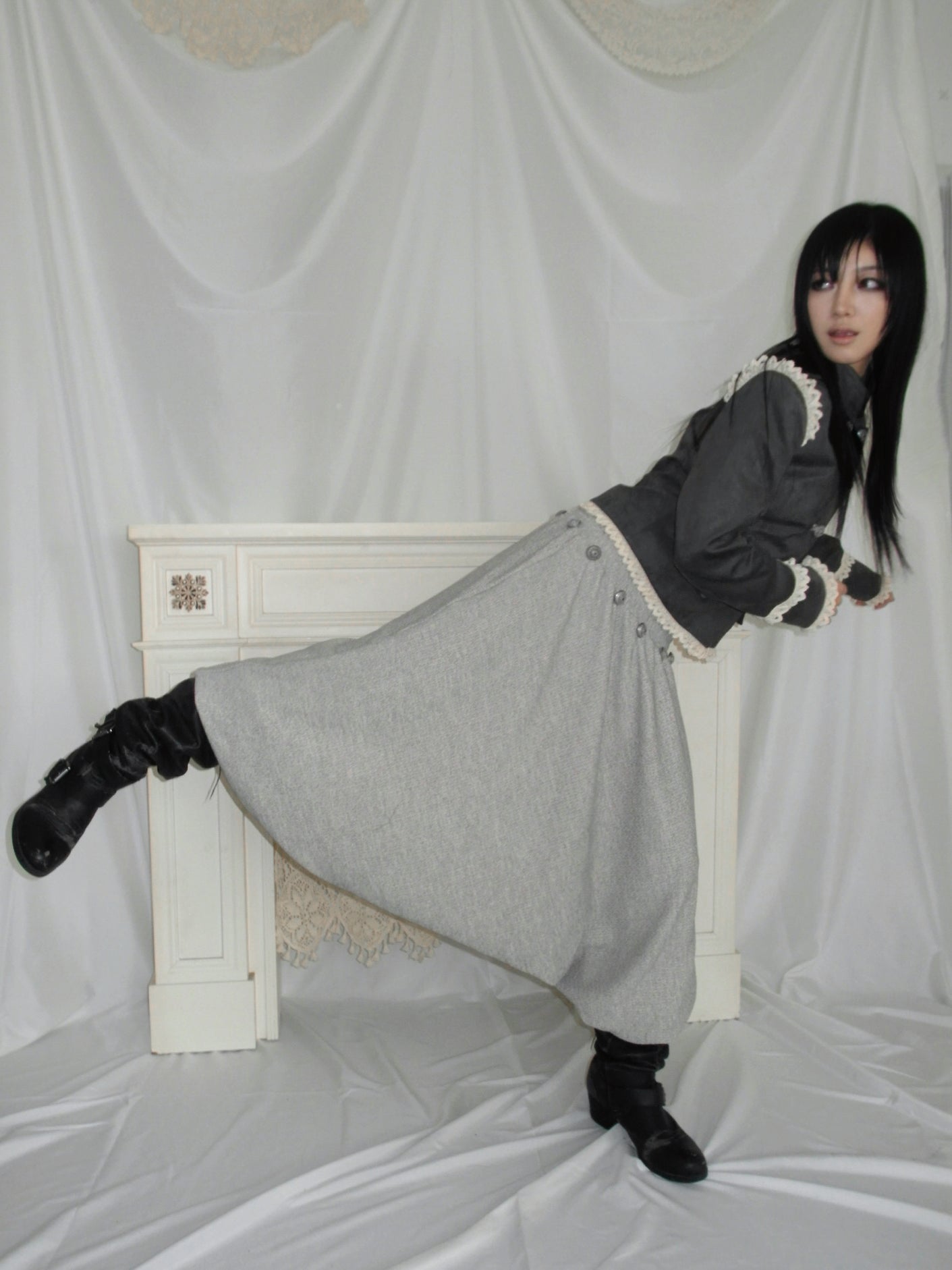 Button drop-crotch skirt pants