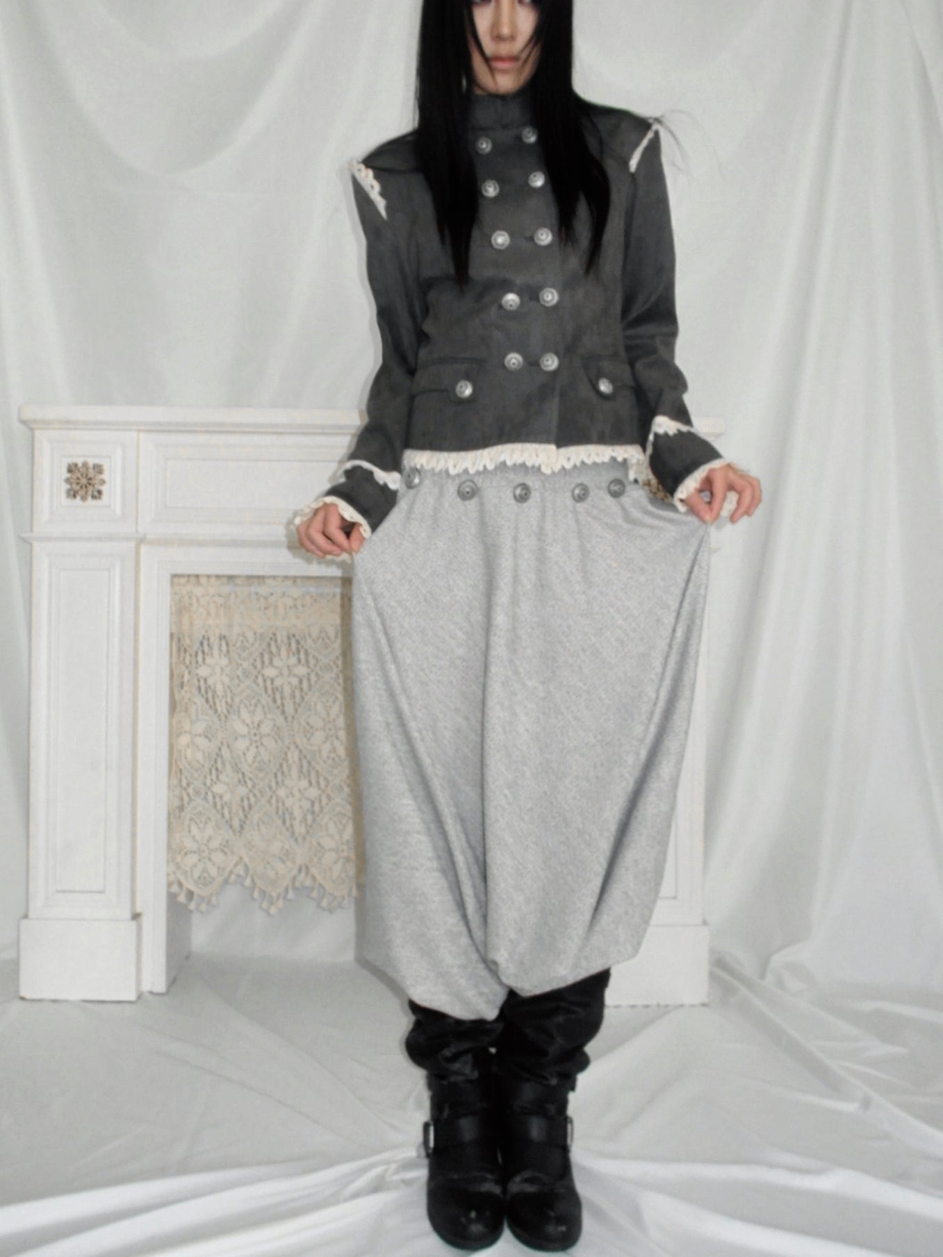 Button drop-crotch skirt pants