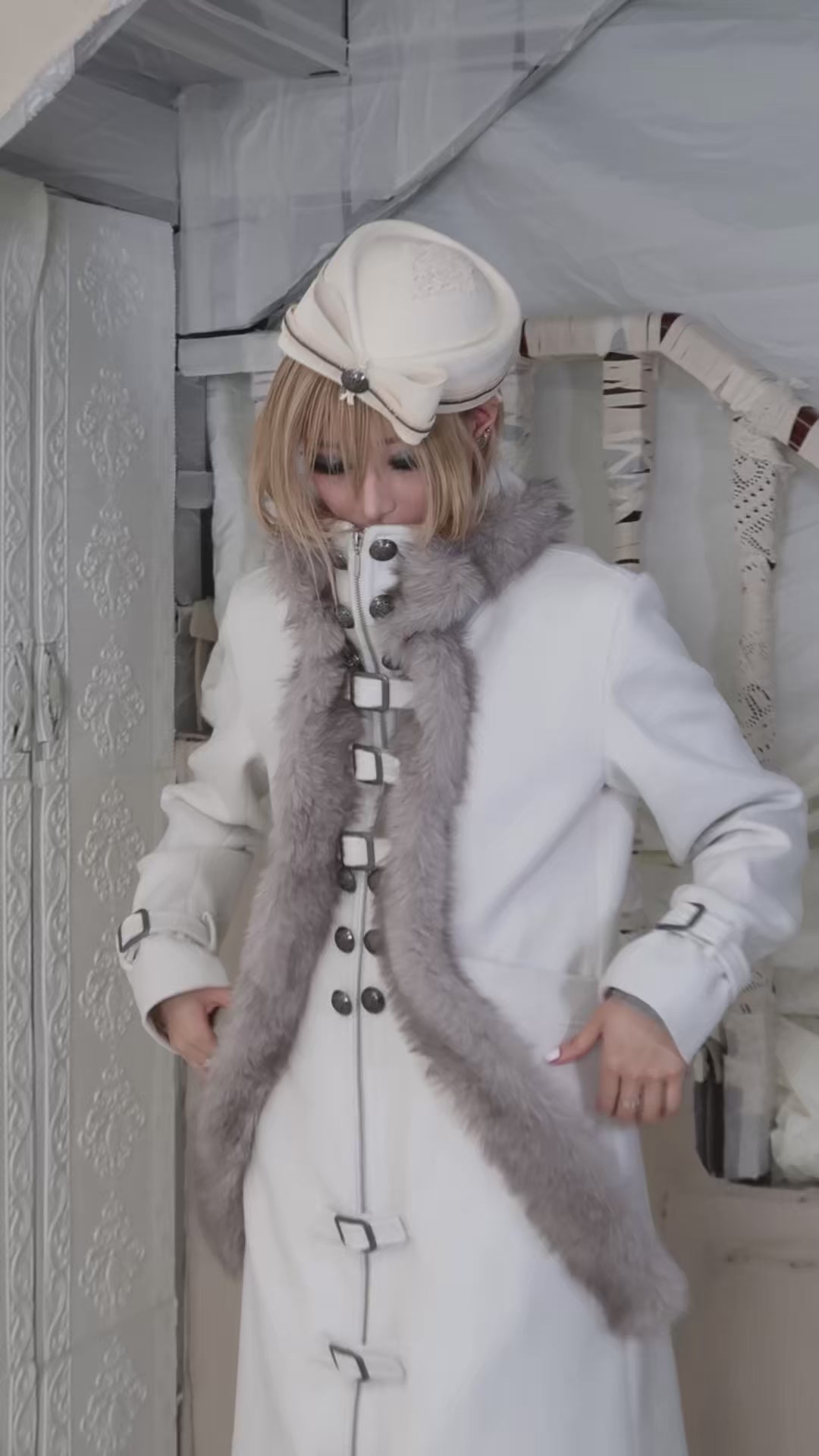 Snow‑Hued Fur‑Trimmed Coat